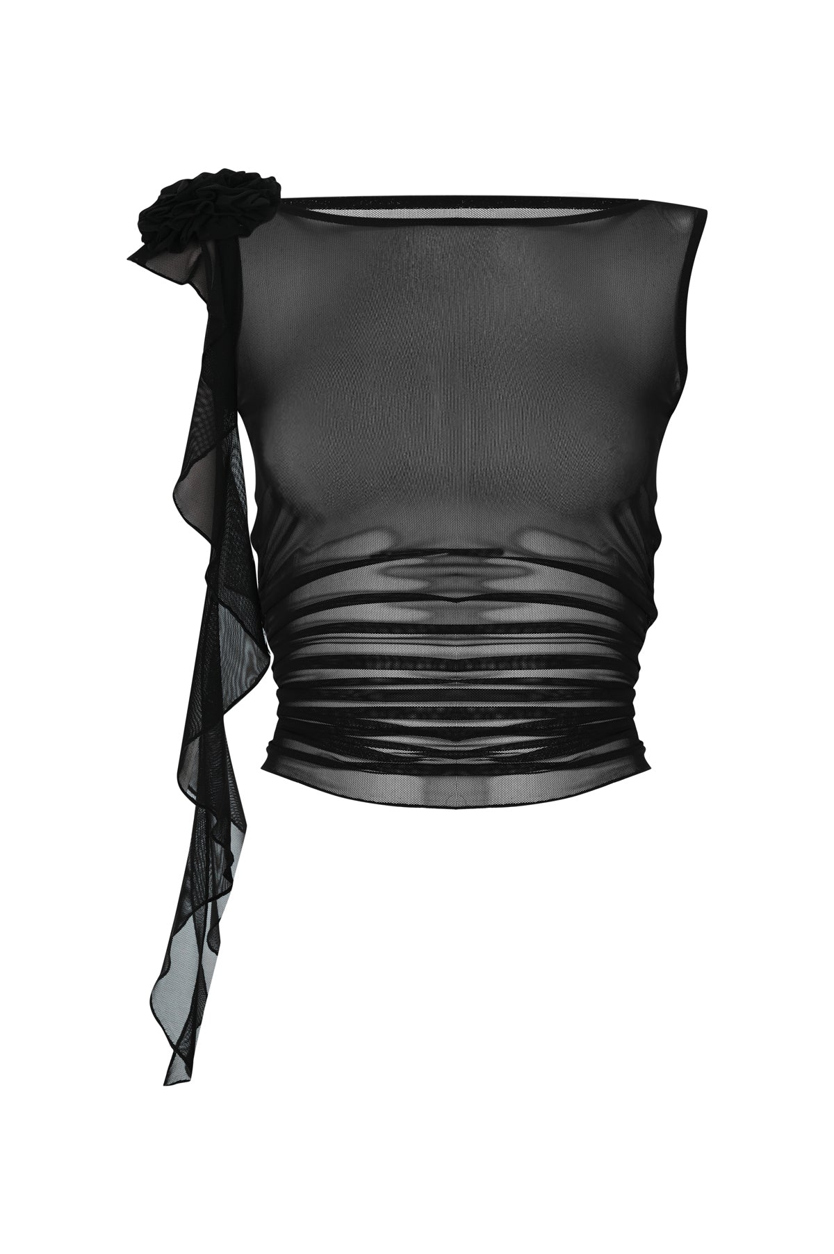 Siyah transparan çiçek detaylı kolsuz top