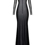 Mor kayık yaka transparan çıkarılabilir etekli allerli elbise