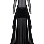 Siyah kayık yaka transparan çıkarılabilir etekli allerli elbise