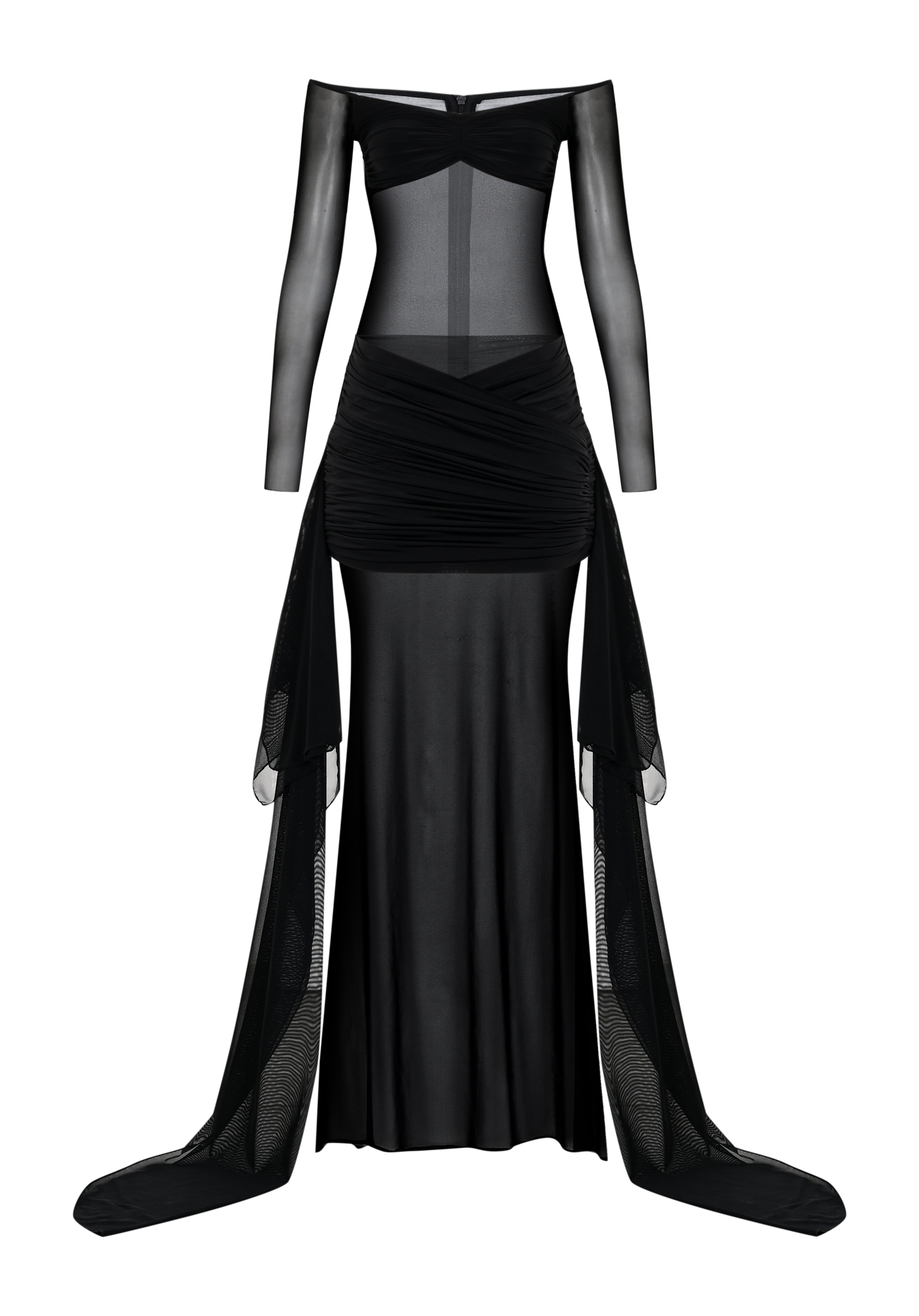 Siyah kayık yaka transparan çıkarılabilir etekli allerli elbise