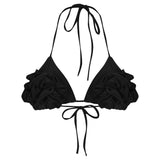 Siyah esnek jarse kumaşlı 3 boyutlu çiçek süslemeli bra