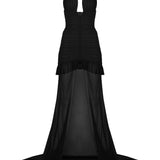 Siyah çıkarılabilir tül detaylı drapeli mini elbise