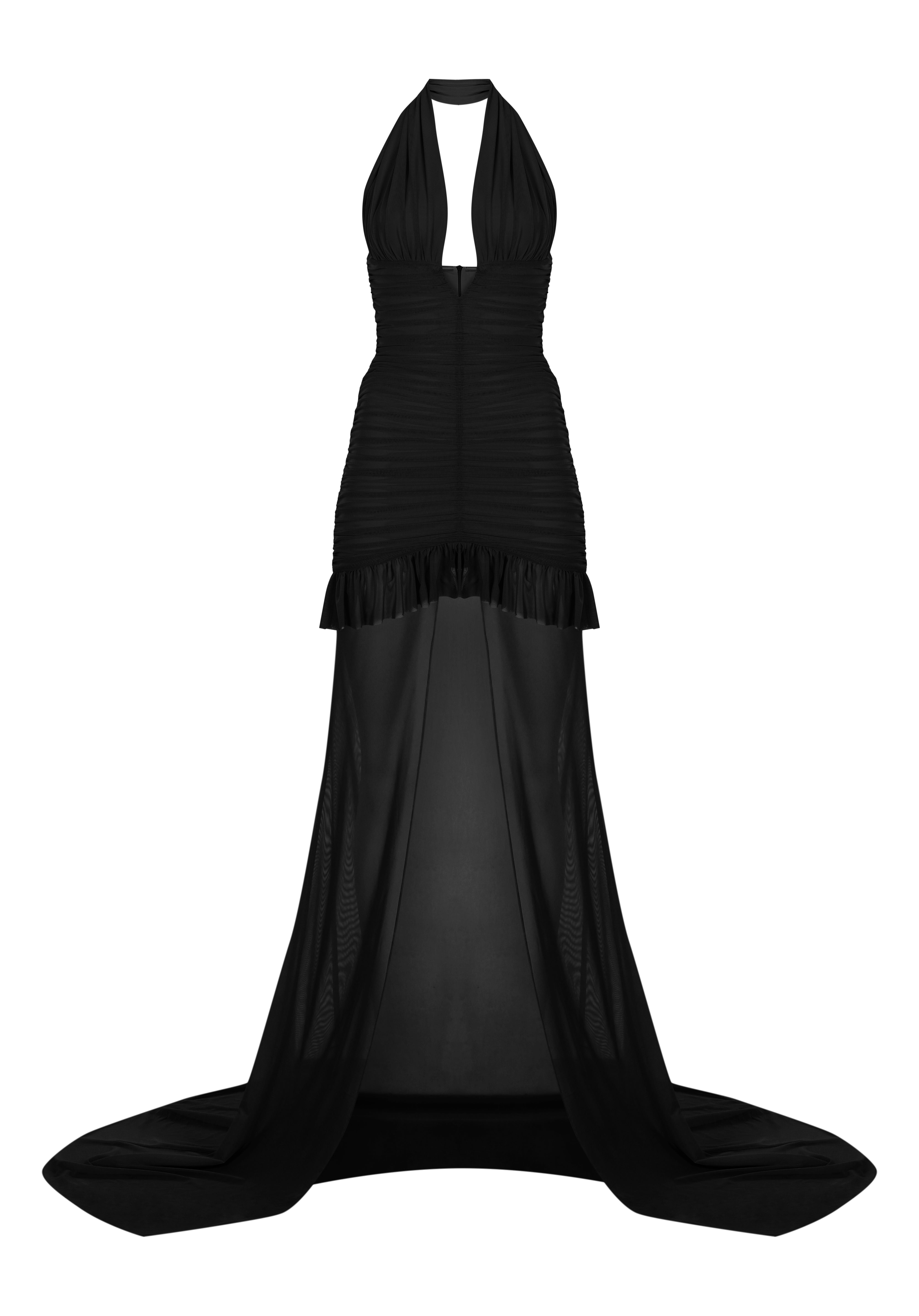 Siyah çıkarılabilir tül detaylı drapeli mini elbise