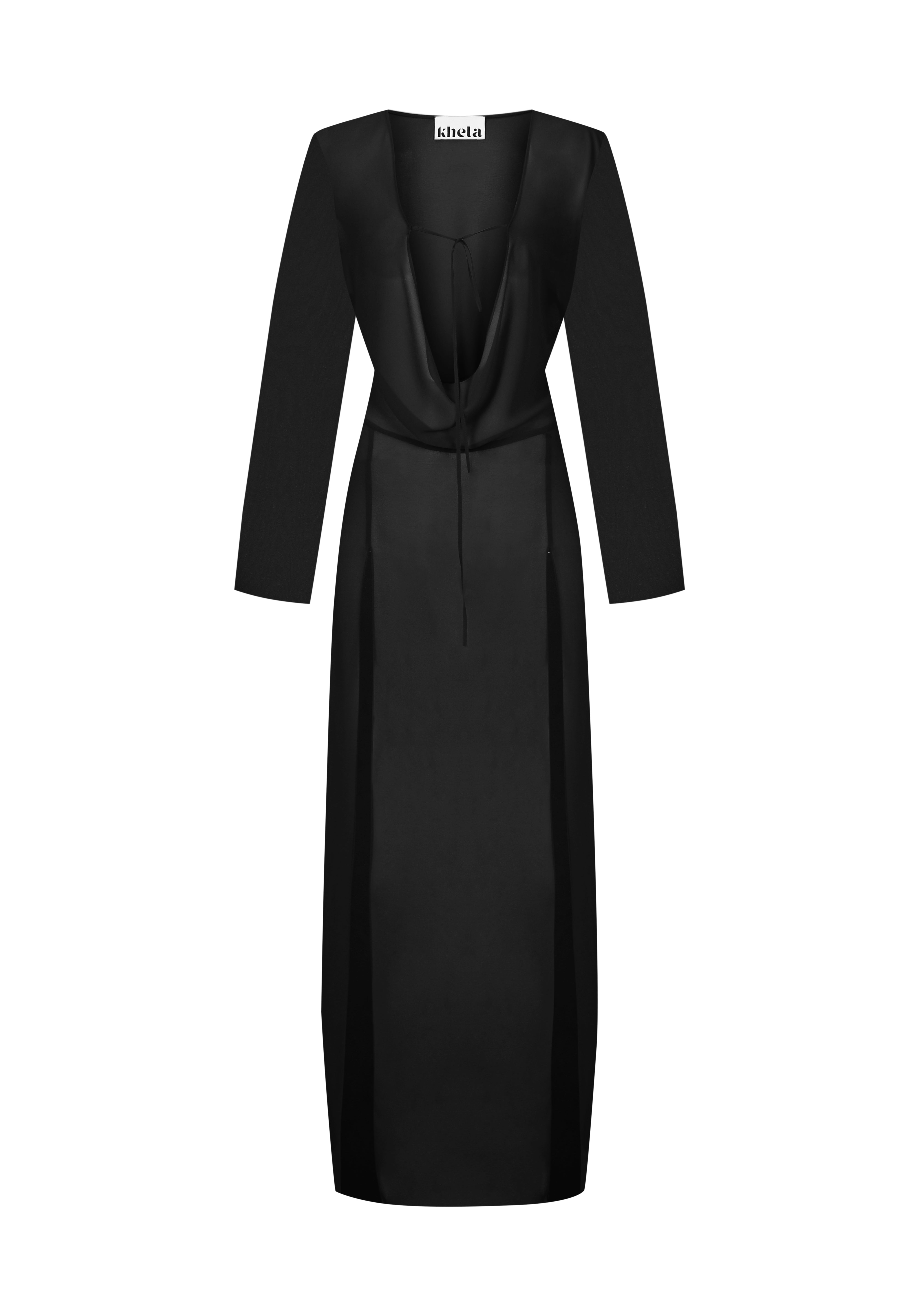 Siyah şifon uzun kollu bağlamalı maksi plaj elbisesi