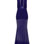 Mor tül kumaş büzgü detaylı göğüs dekolteli transparan maksi elbise