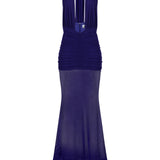 Mor tül kumaş büzgü detaylı göğüs dekolteli transparan maksi elbise