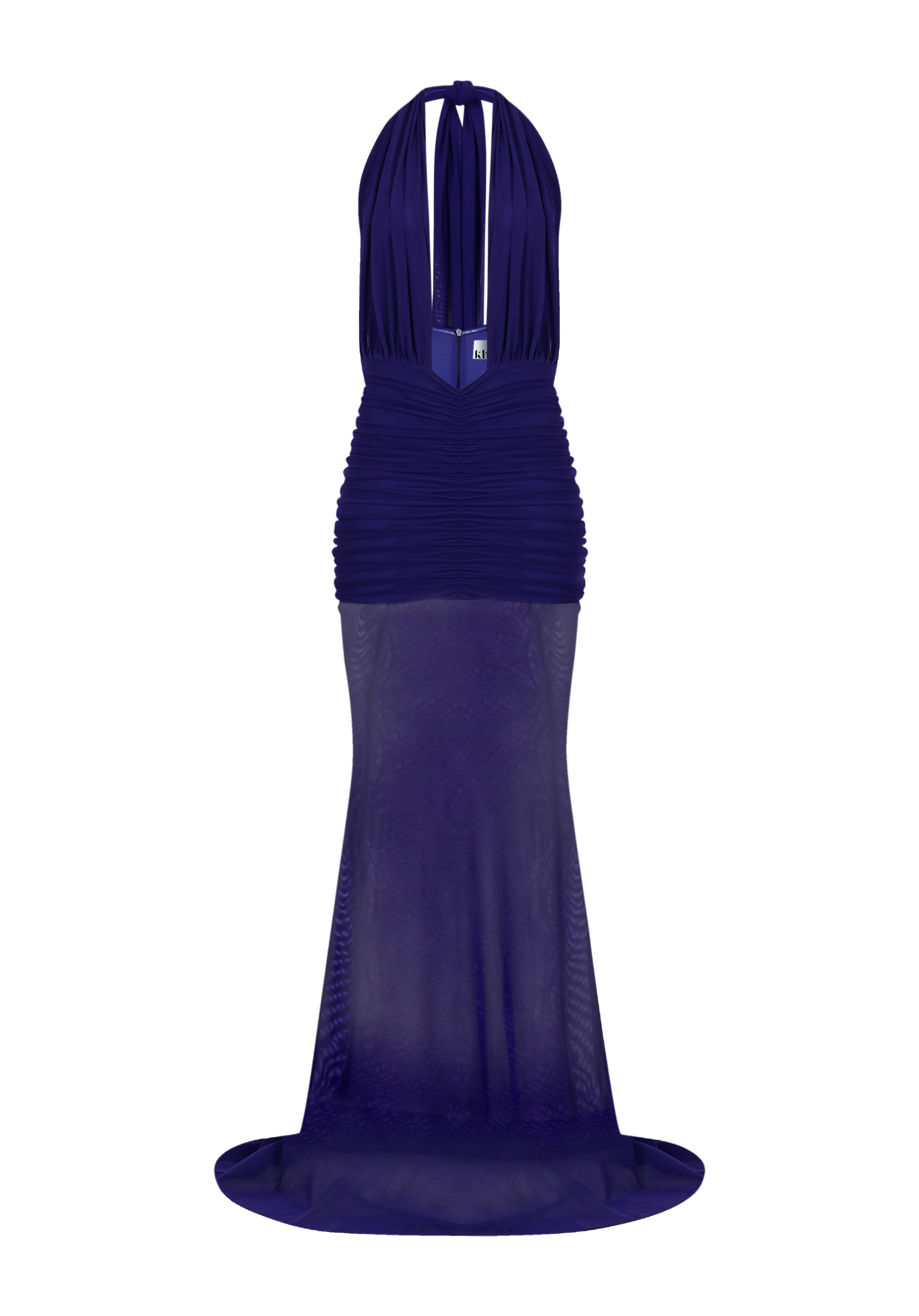 Mor tül kumaş büzgü detaylı göğüs dekolteli transparan maksi elbise