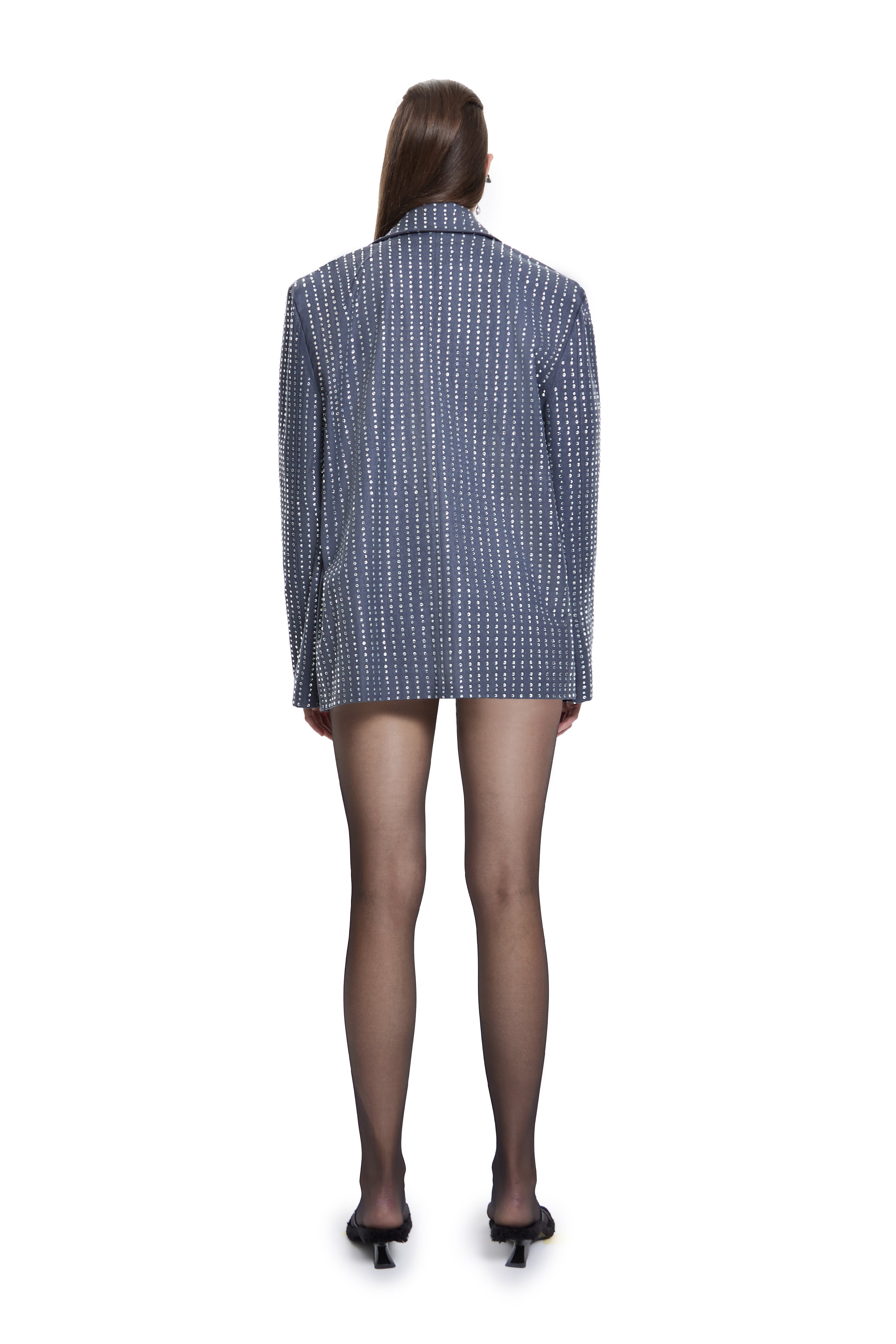 Khela işlemeli oversize mavi blazer ceket