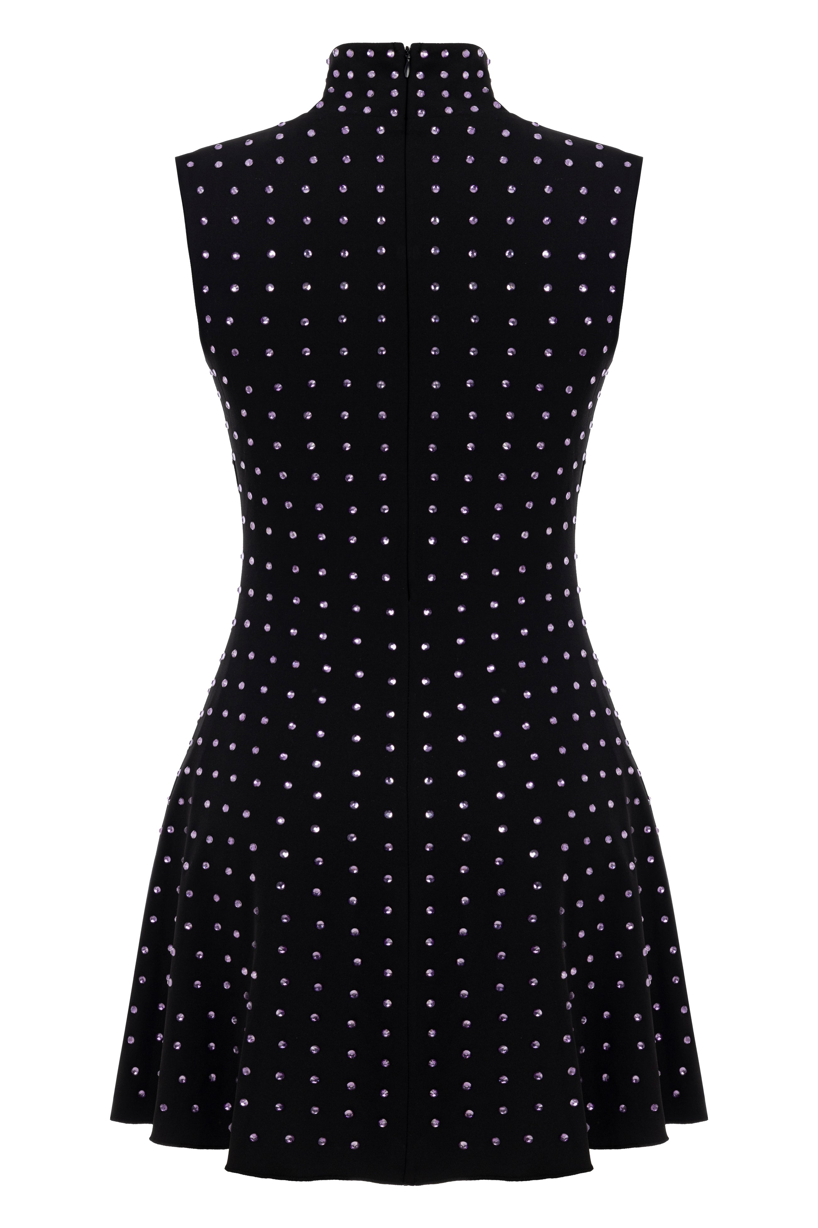 Khela siyah dik yaka sıfır kol lila taşlı mini elbise