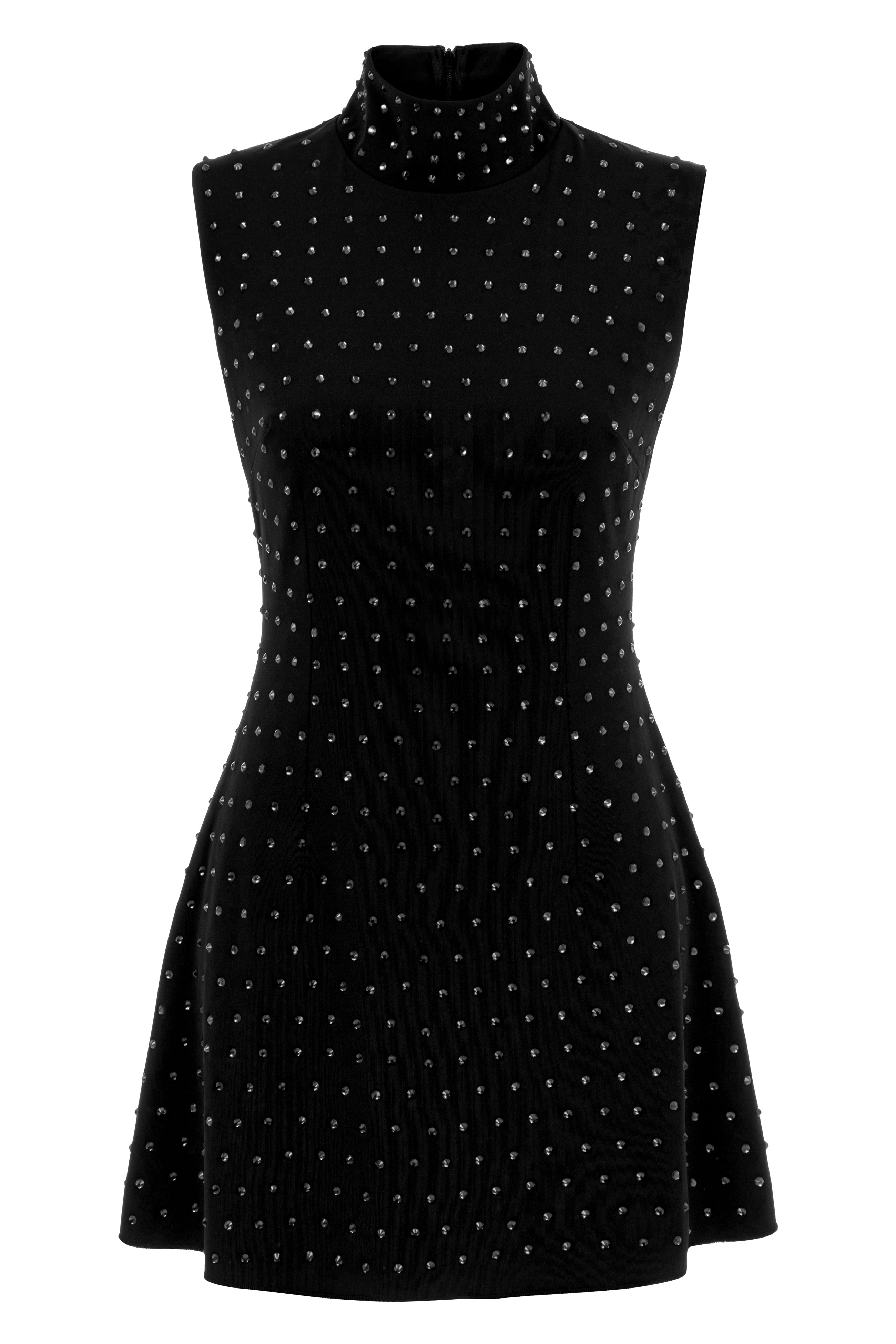 Khela siyah dik yaka sıfır kol gri taşlı mini elbise