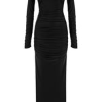 Khela siyah kayık yaka drape detaylı yırtmaçlı  maksi elbise