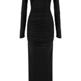 Khela siyah kayık yaka drape detaylı yırtmaçlı  maksi elbise