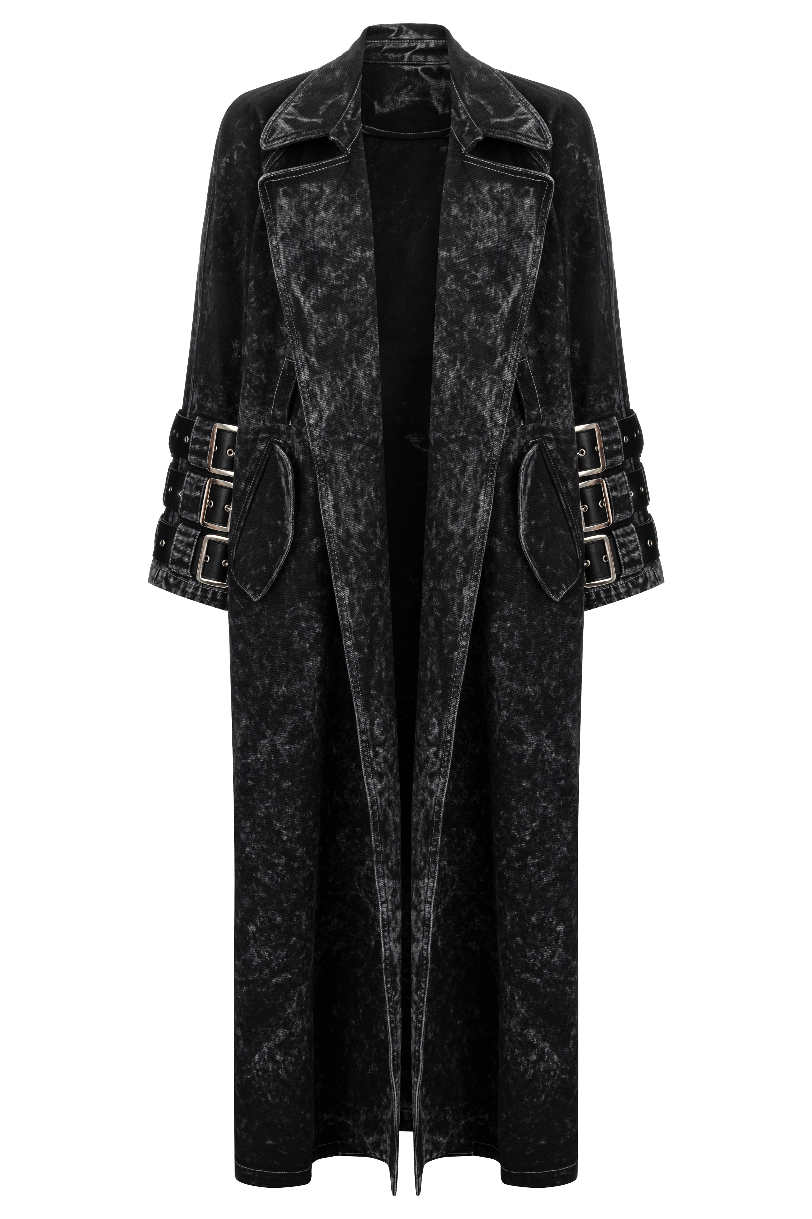 Khela siyah eskitme kumaş uzun trençkot