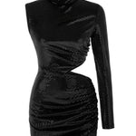 Siyah dik yaka payetli bel dekolteli mini elbise