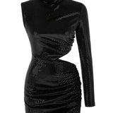 Siyah dik yaka payetli bel dekolteli mini elbise