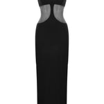 Khela boyundan bağlamalı tül detaylı siyah maksi elbise