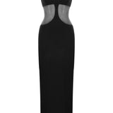 Khela boyundan bağlamalı tül detaylı siyah maksi elbise