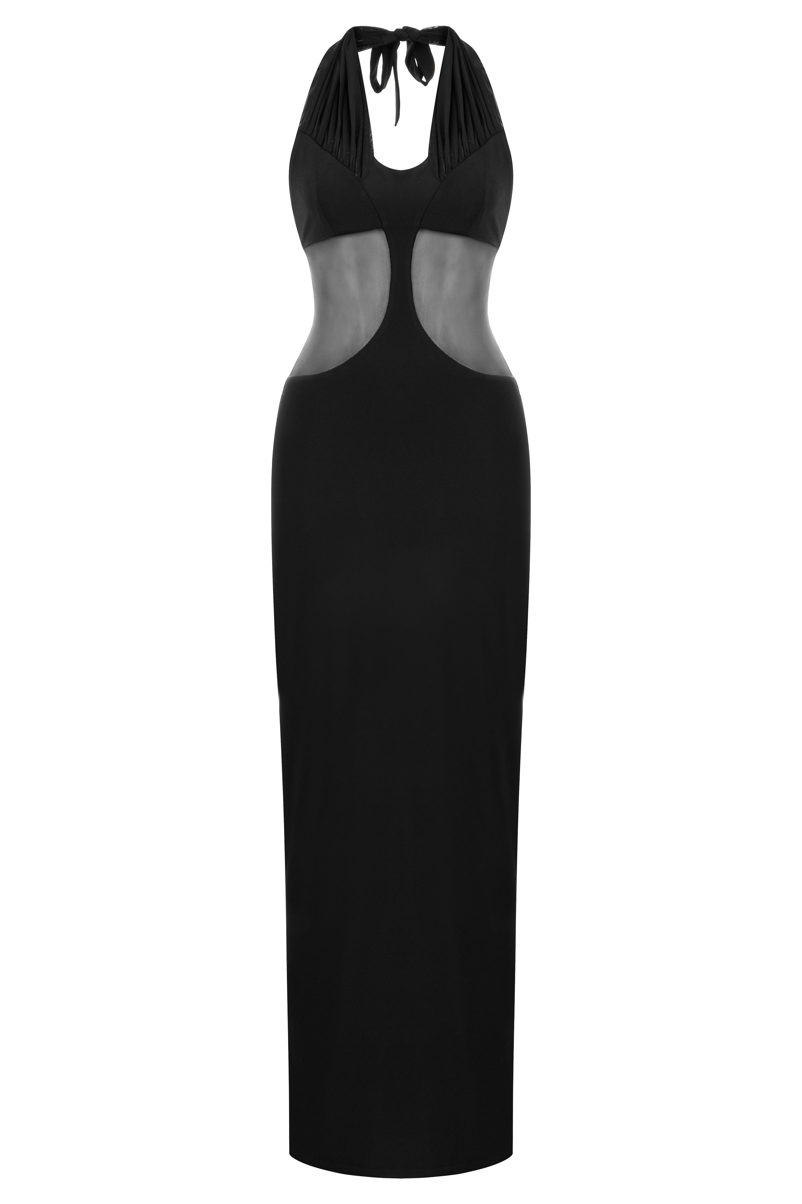 Khela boyundan bağlamalı tül detaylı siyah maksi elbise