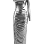 Khela metallic silver dik yaka cutout detaylı midi elbise