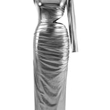 Khela metallic silver dik yaka cutout detaylı midi elbise