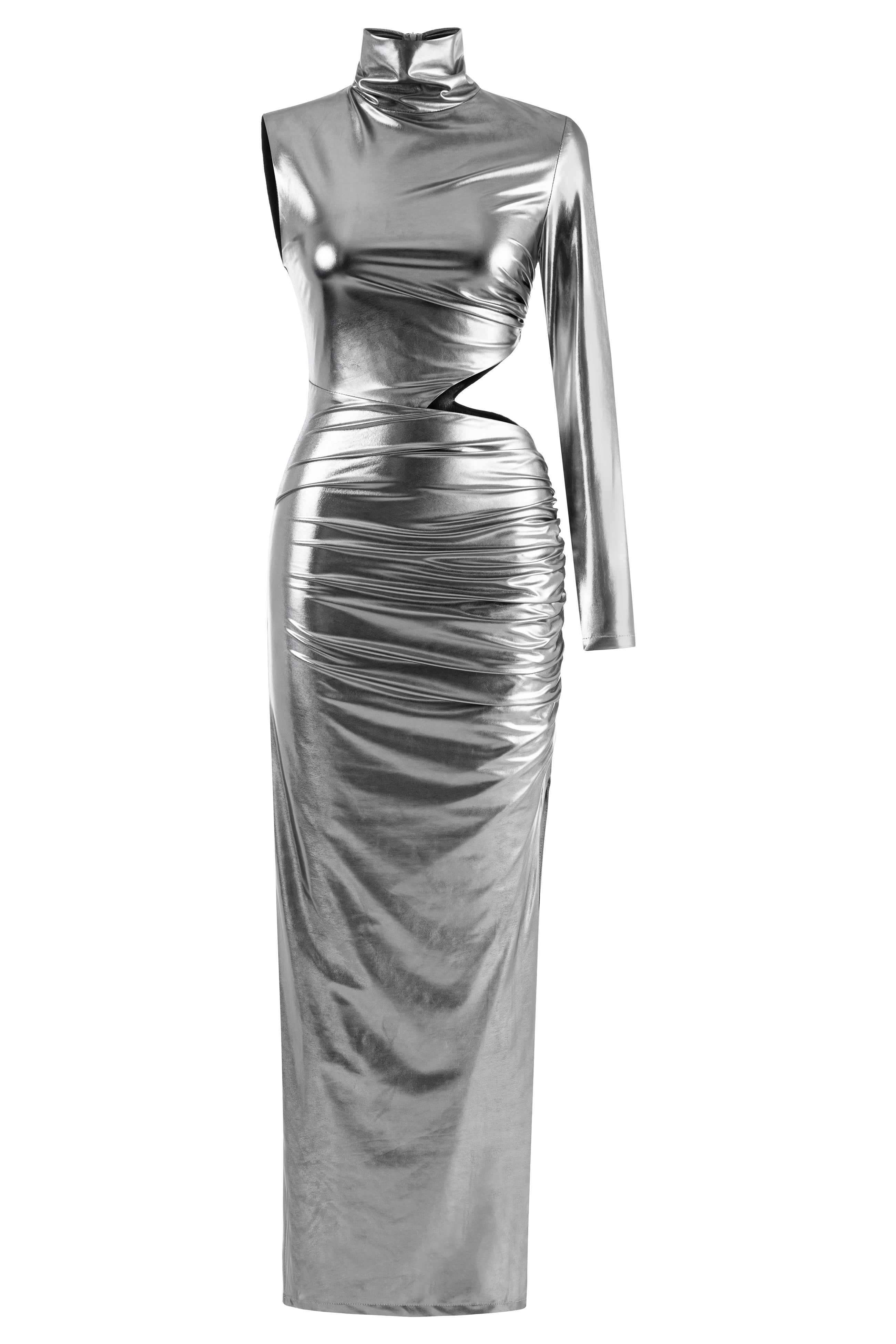 Khela metallic silver dik yaka cutout detaylı midi elbise