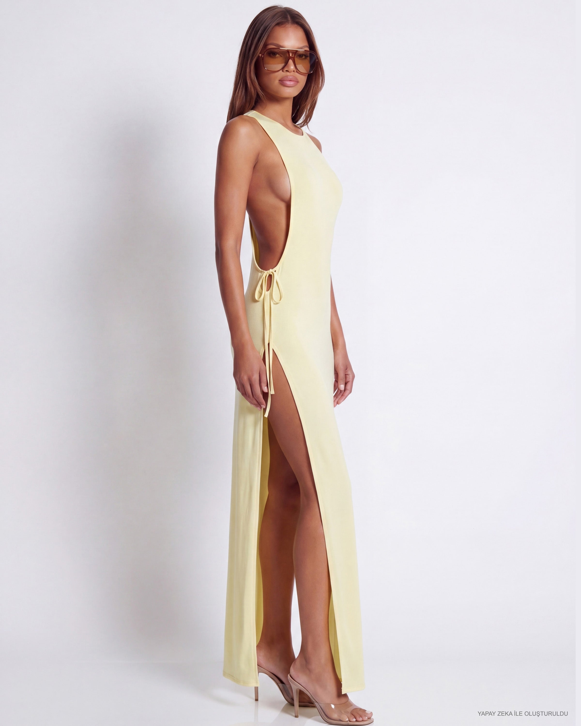 Butter yellow, halter yakalı, derin yan açıklıklı ve bağlama detaylı elbise