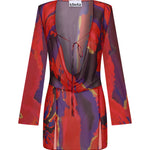 Çiçek desenli şifon uzun kollu bağlamalı plaj elbisesi