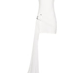 Beyaz yüksek yaka tokalı drapeli kuyruk detaylı mini elbise