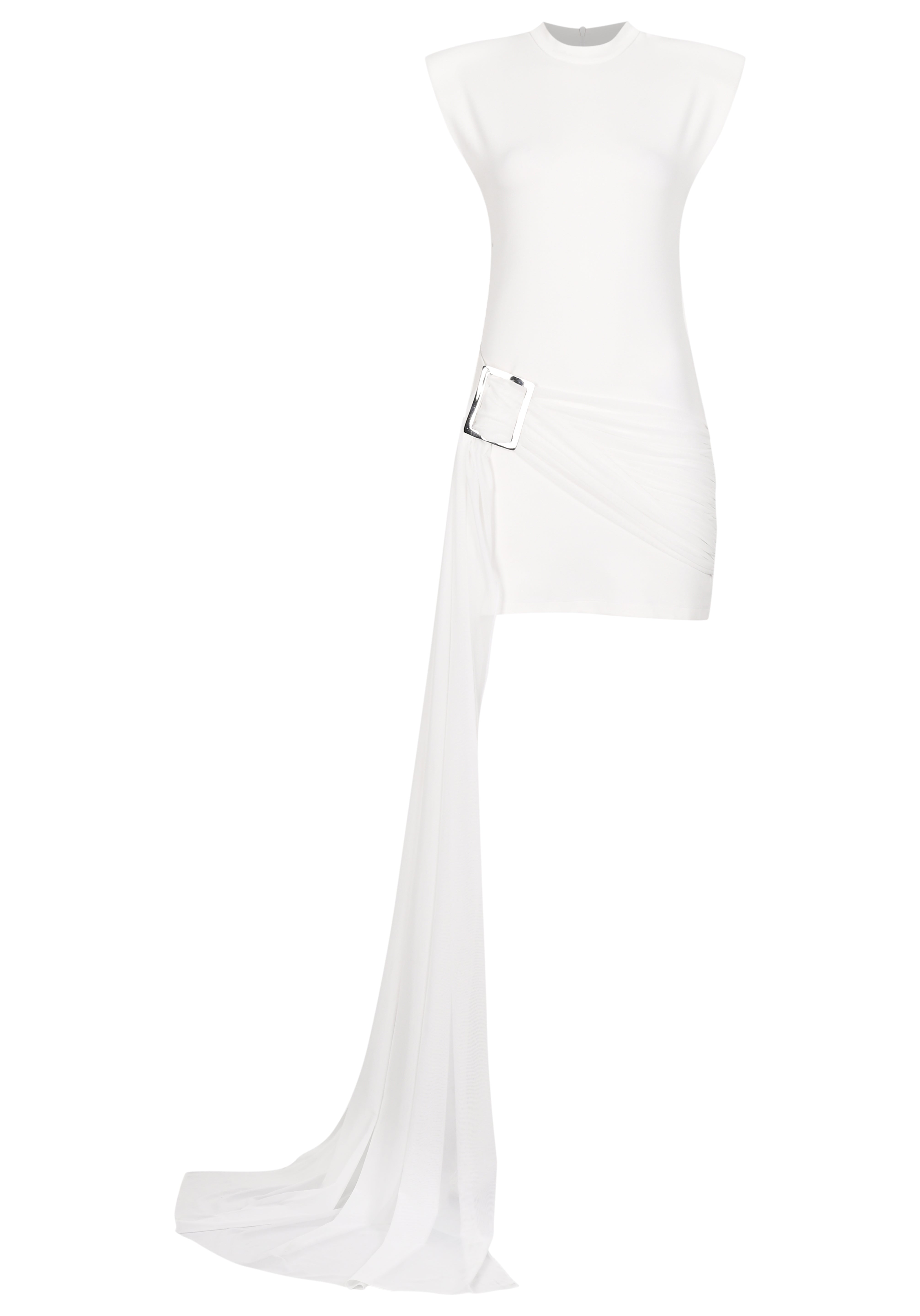 Beyaz yüksek yaka tokalı drapeli kuyruk detaylı mini elbise