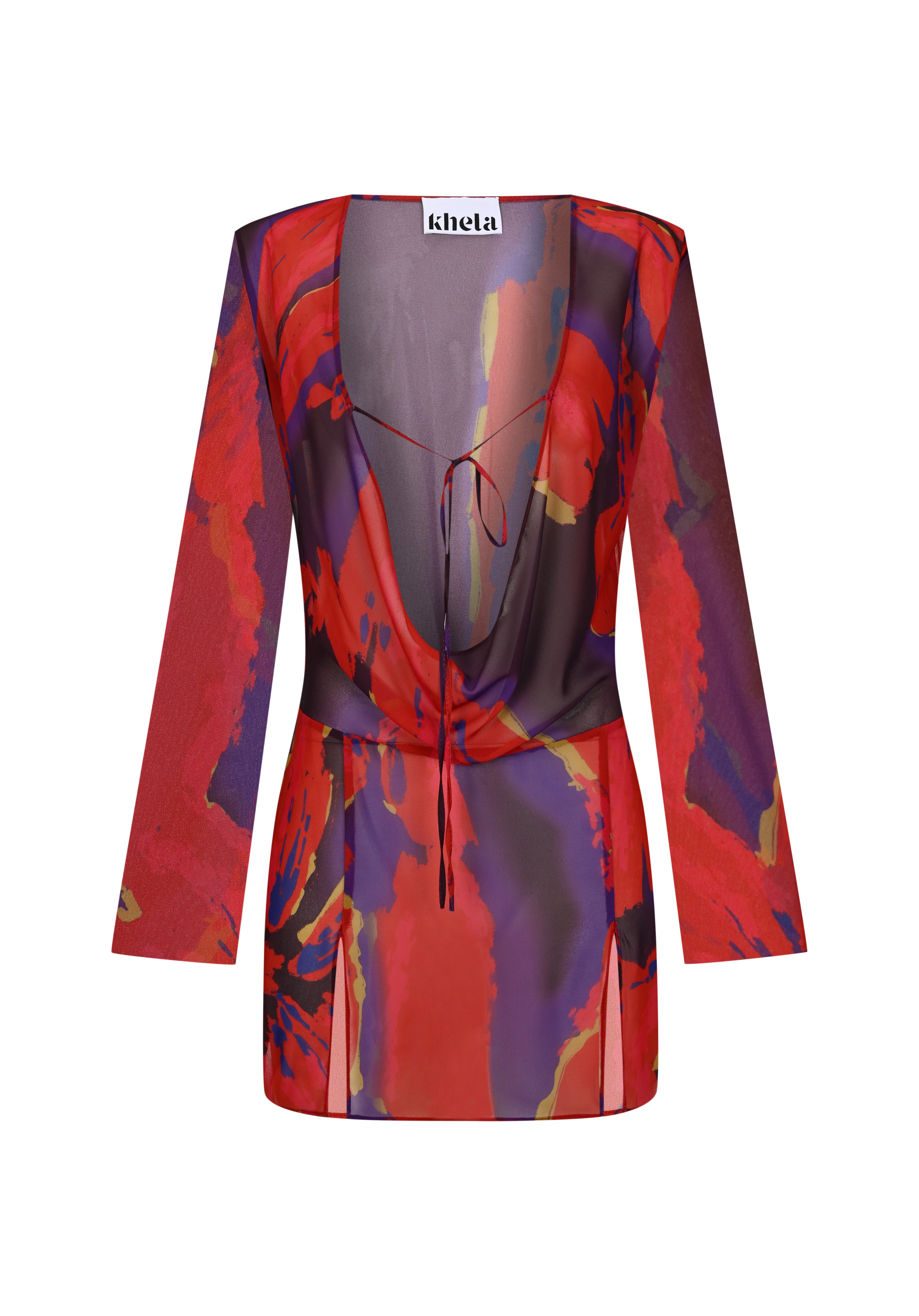 Çiçek desen şifon uzun kollu bağlamalı plaj elbisesi