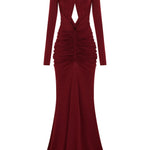 Bordo uzun kollu çapraz askılı cut-out detaylı drapeli maxi elbise