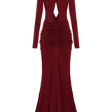 Bordo uzun kollu çapraz askılı cut-out detaylı drapeli maxi elbise