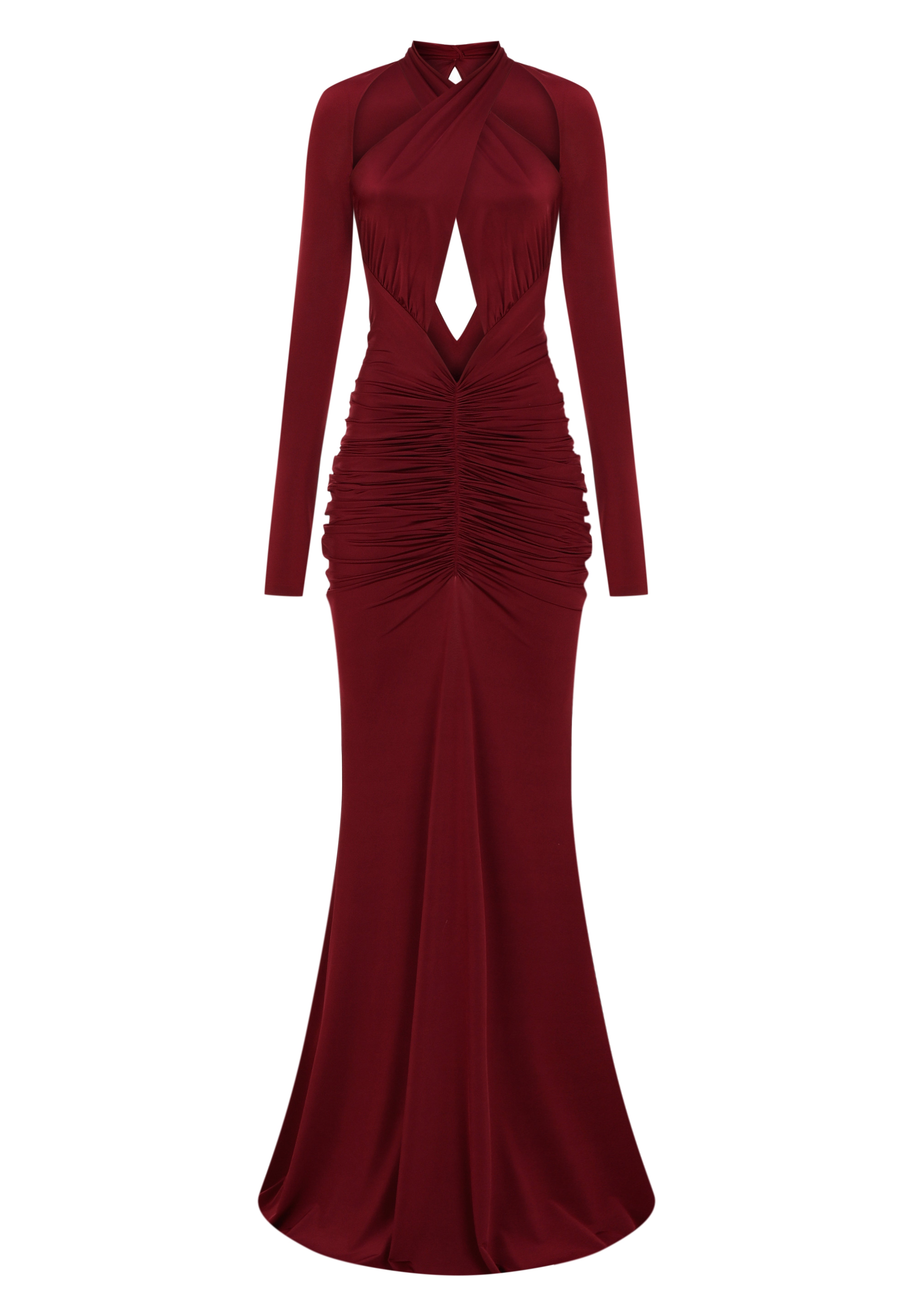 Bordo uzun kollu çapraz askılı cut-out detaylı drapeli maxi elbise