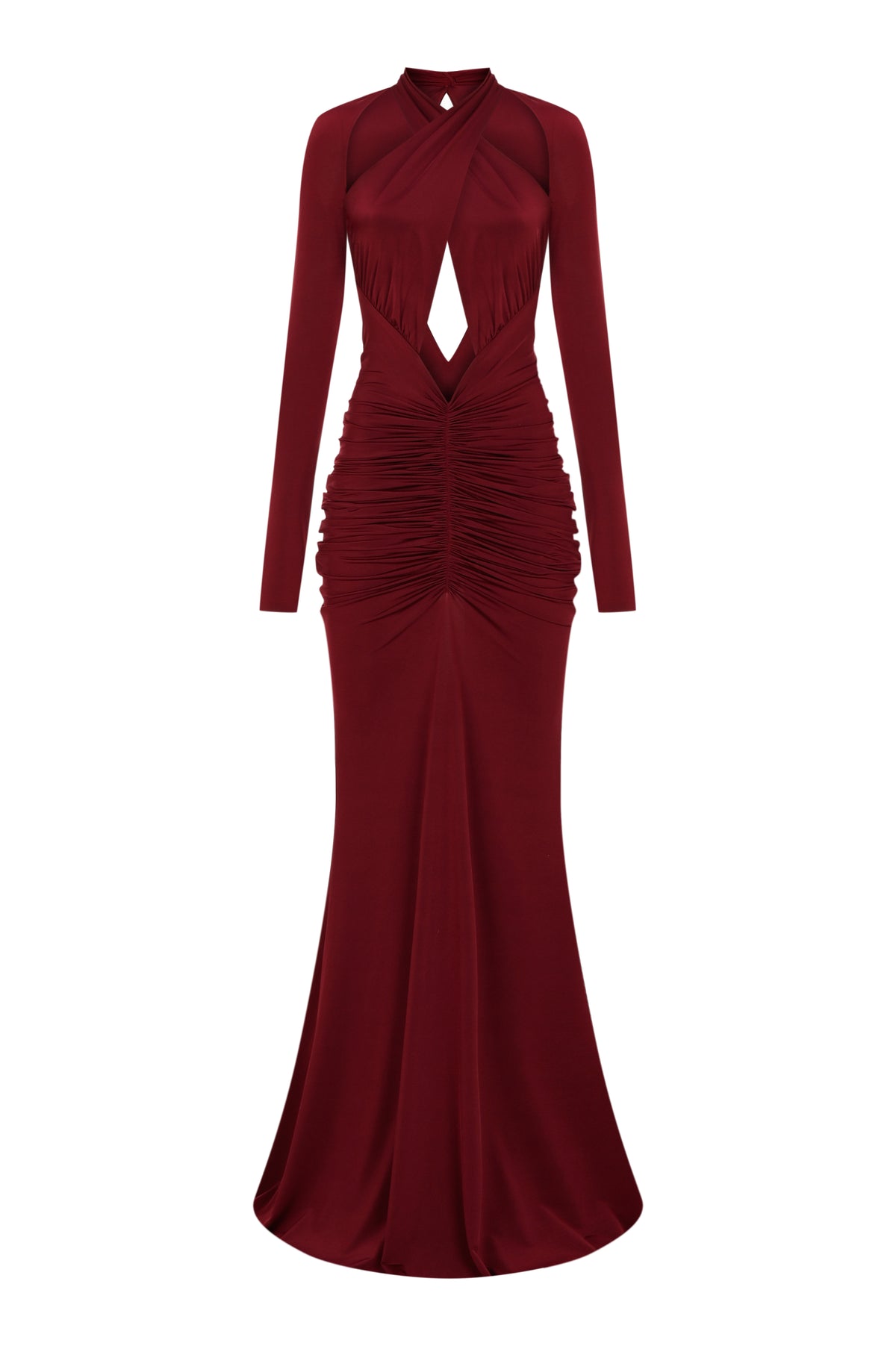 Bordo uzun kollu çapraz askılı cut-out detaylı drapeli maxi elbise