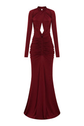 Bordo uzun kollu çapraz askılı cut-out detaylı drapeli maxi elbise