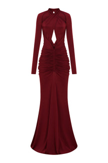 Bordo uzun kollu çapraz askılı cut-out detaylı drapeli maxi elbise