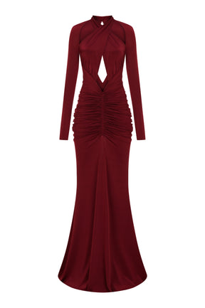 Bordo uzun kollu çapraz askılı cut-out detaylı drapeli maxi elbise