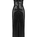 Khela parlak kumaş askılı derin yırtmaçlı maksi elbise