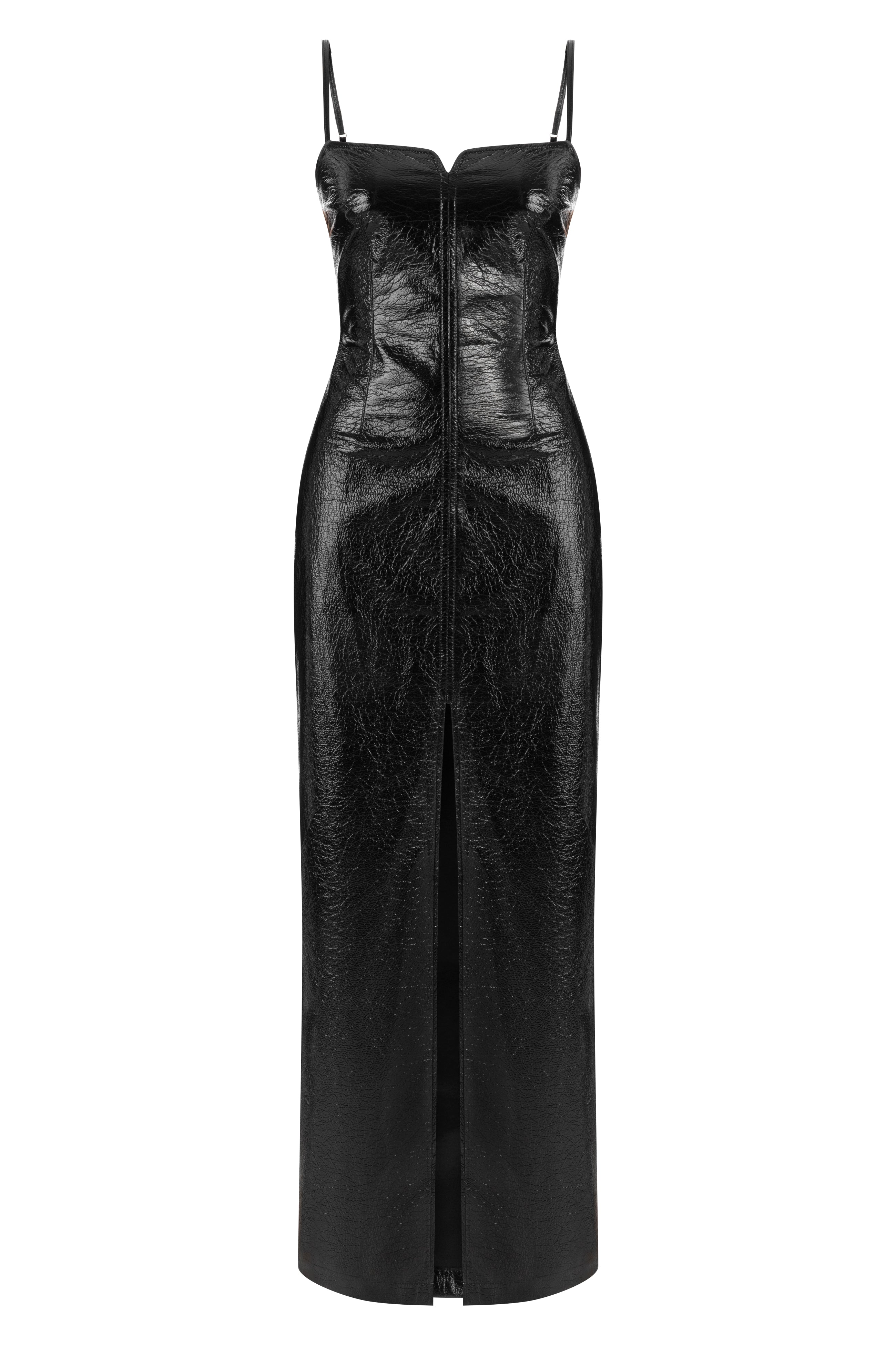 Khela parlak kumaş askılı derin yırtmaçlı maksi elbise