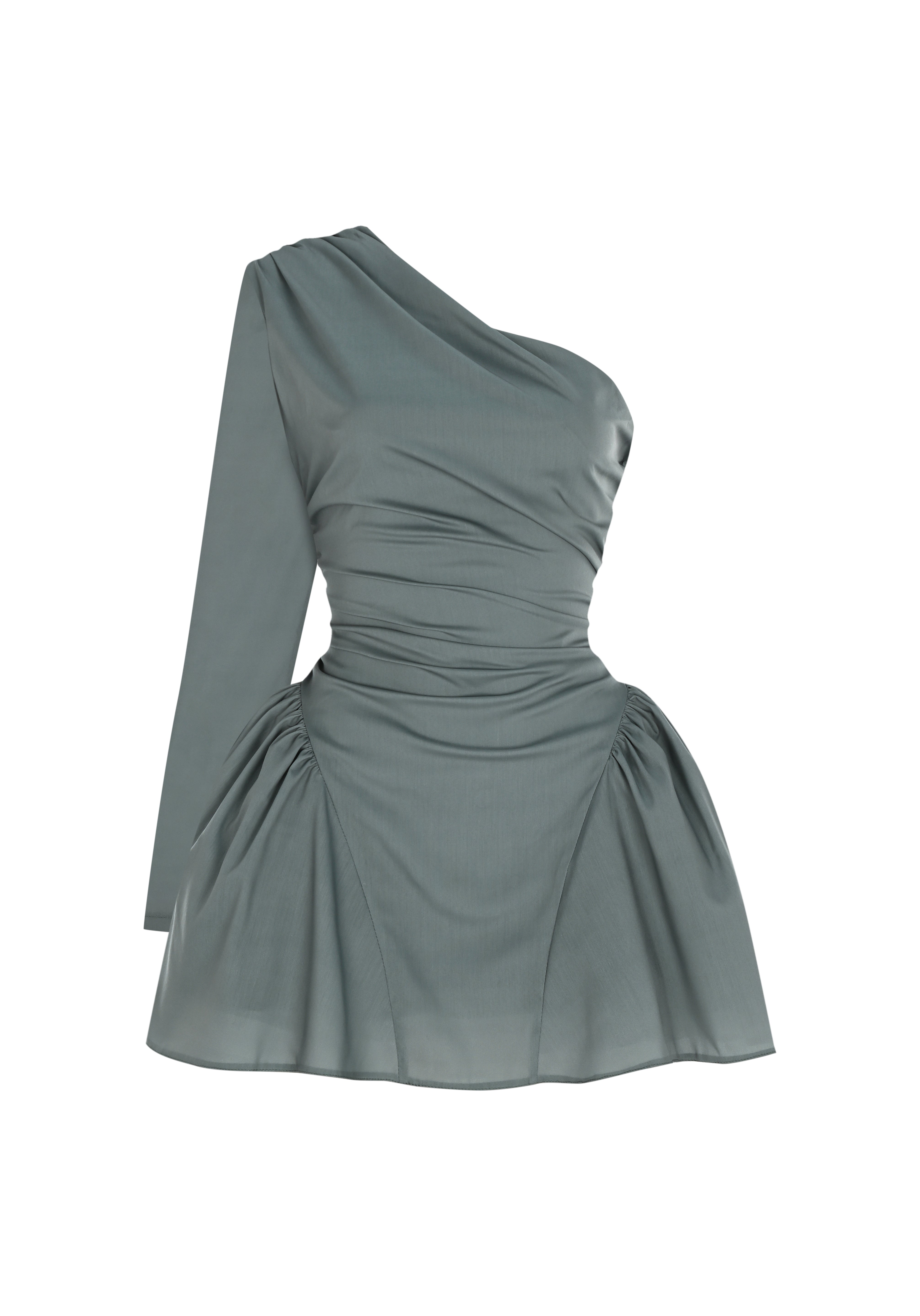 Yeşil bele oturan tek kol mini elbise