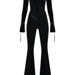 Siyah düşük omuzlu açık yaka ispanyol paça tulum