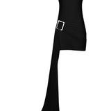 Siyah yüksek yaka tokalı drapeli kuyruk detaylı mini elbise