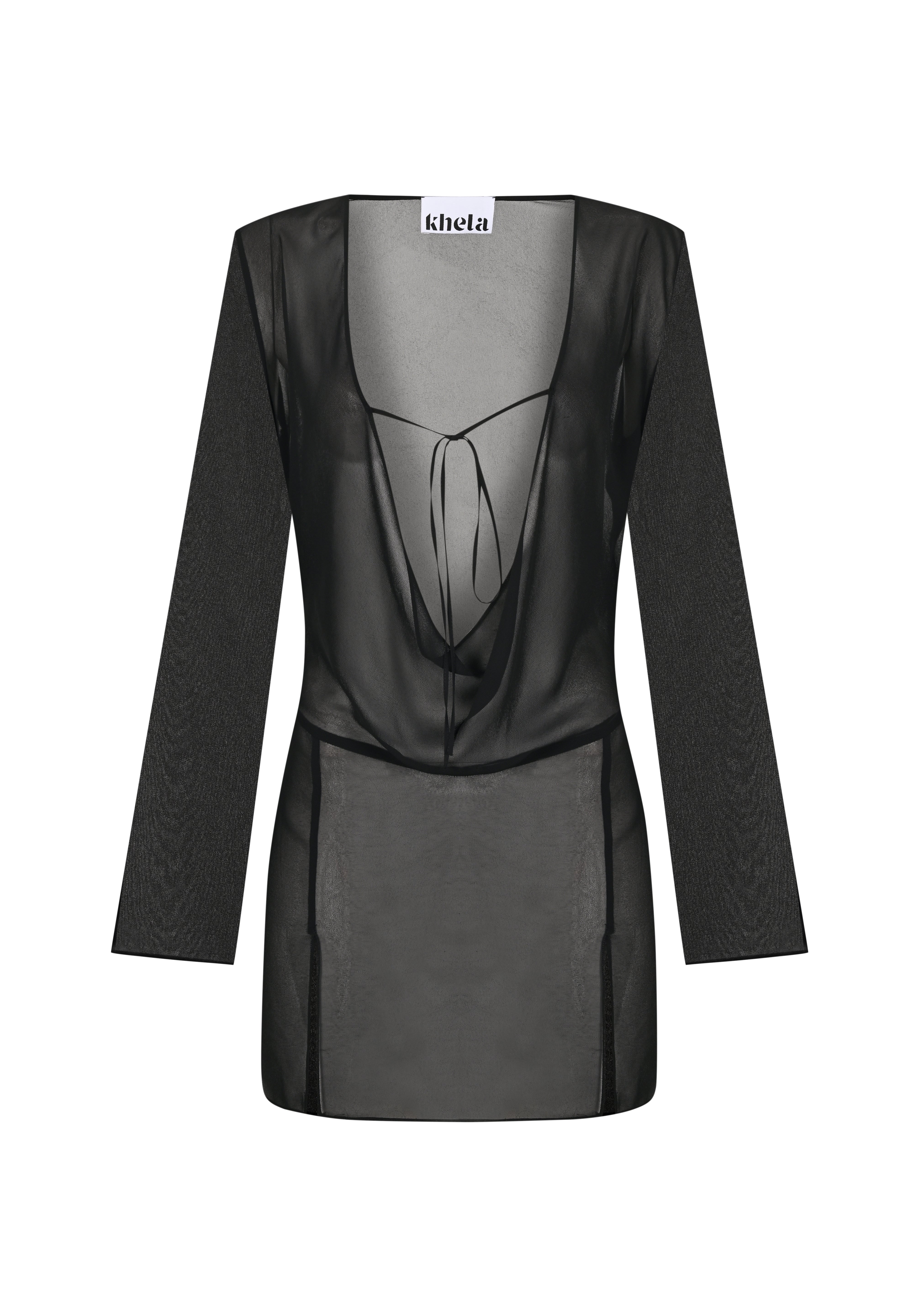 Siyah şifon uzun kollu bağlamalı plaj elbisesi