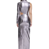 Khela metallic silver dik yaka cutout detaylı midi elbise