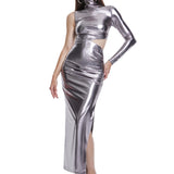 Khela metallic silver dik yaka cutout detaylı midi elbise