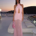 Khela Forbidden Fruit Dress Baby Pink pembe tül büzgü detaylı dekolteli maksi elbise