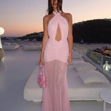 Khela Forbidden Fruit Dress Baby Pink pembe tül büzgü detaylı dekolteli maksi elbise