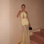 Khela Forbidden Fruit Dress Butter Yellow sarı tül büzgü detaylı dekolteli maksi elbise