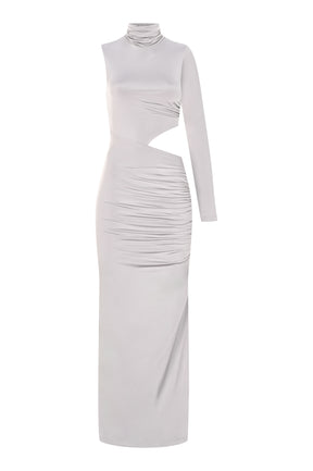 İnci yüksek yaka uzun kollu cut-out detaylı yırtmaçlı maxi elbise