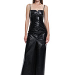 Khela parlak kumaş askılı derin yırtmaçlı maksi elbise